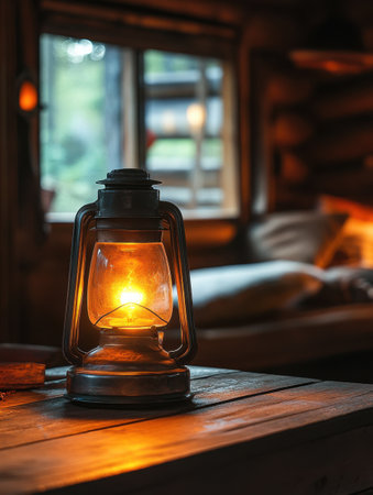 A vintage lantern illuminates a rustic wooden table, creating a warm ambiance in a cabin. Soft light reflects off cozy furnishings, enhancing the tranquil atmosphere.の素材