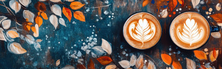 Two cups of latte display intricate leaf patterns, resting on a table adorned with a vibrant watercolor background featuring autumn leaves, evoking warmth and creativity.の素材