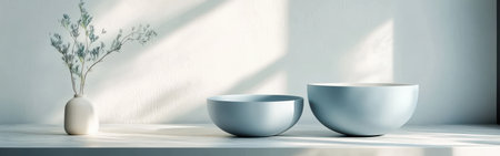 Soft shadows and gentle light highlight two minimalist bowls and a small vase with delicate greenery, arranged harmoniously on a bright surface, creating a serene atmosphere.の素材