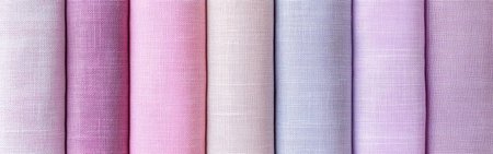 Different rolls of fabric display a soft gradient of colors, transitioning from muted pink to pastel purple, perfect for various creative projects and decorations.の素材