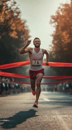 A dedicated runner with number 76 sprints towards the finish line, breaking through vibrant red ribbons. The autumn backdrop features trees with golden leaves, creating an energetic atmosphere.の素材