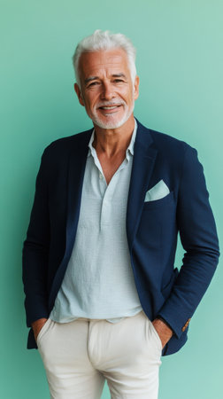 A distinguished man with gray hair smiles pleasantly while wearing a navy blazer over a light shirt. He stands against a soft green background, exuding confidence and style.の素材