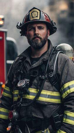 A firefighter stands confidently, dressed in protective gear with a helmet and breathing apparatus. His expression reflects bravery as he prepares for action amidst an urban backdrop.の素材