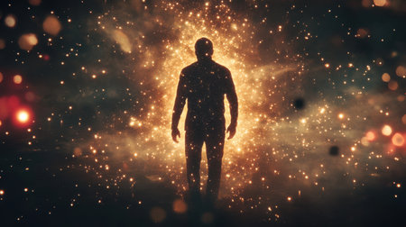A man stands in a cosmic landscape, radiating a warm glow while surrounded by swirling, radiant particles of light in a mesmerizing display of energy and wonder.の素材
