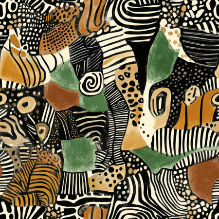 Colorful doodle patterns blend elements of watercolor art, showing a lively mix of shapes and textures. The artwork features unrefined lines with earthy tones and dynamic forms.の素材
