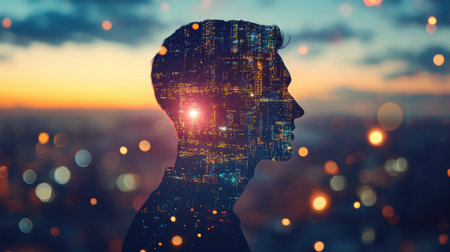 A man's profile stands out against a colorful sunset, highlighting his silhouette. The skyline glows with city lights, creating a dreamy atmosphere filled with warmth and inspiration.の素材