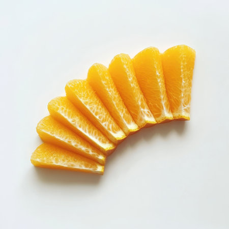 Neatly cut wedges of a fresh orange are lying flat on a light surface, highlighting their bright color and juicy texture. This presentation emphasizes freshness and simplicity.の素材