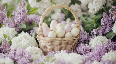 In a tranquil garden, a rustic Easter basket is nestled among vibrant lilacs. Inside the basket are beautifully decorated eggs, adding to the festive ambiance of spring.の素材