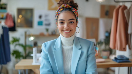 Young designer is smiling in a well-lit fashion studio filled with fabrics and designs. Her stylish outfit and confident demeanor reflect her creativity and passion for fashion design.の素材