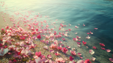 A calm shoreline features an array of pink petals scattered along the sand, creating a picturesque contrast with the tranquil blue water.の素材