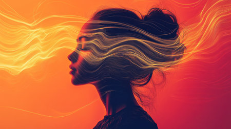 A serene portrait captures a woman whose features blend into flowing sound waves, creating a visually enchanting harmony. The vibrant colors evoke a sense of calm and connection.の素材
