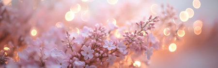 A soft pastel gradient transitions from lilac to blush pink, enhanced by scattered golden bokeh lights, setting a romantic mood ideal for spring gatherings or decor.の素材