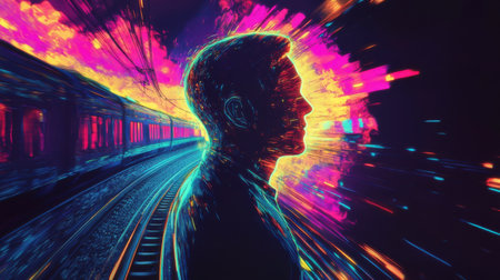 A striking silhouette of a man stands against a backdrop of radiant train tracks. The vibrant colors blend seamlessly into a high-speed locomotive, evoking motion and energy.の素材