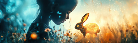 A child's profile is illuminated by the presence of a glowing rabbit, joyfully hopping through a vibrant meadow filled with flowers. This scene beautifully captures wonder and innocence.の素材