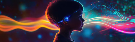 A child with a glowing silhouette is surrounded by radiant waveforms and colorful neon light trails, creating a surreal atmosphere filled with futuristic aesthetics.の素材