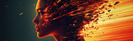 A glowing woman with radiant shattered fragments and luminous streaks radiates energy, her profile blending into an abstract explosion, capturing a surreal and dynamic essence.の素材
