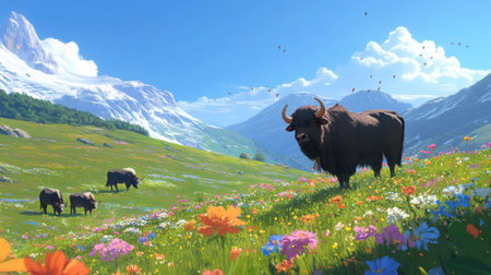 Yaks peacefully graze on fresh grass in a vibrant meadow. Surrounding them are colorful flowers and majestic hills under a clear blue sky, creating a serene atmosphere.の素材