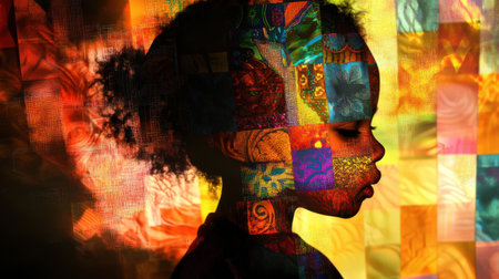 A silhouette of a child radiates warmth, adorned with intricate patchwork patterns and textured quilt designs that celebrate creativity and imagination.の素材