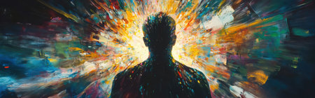 A man's silhouette stands out against a backdrop of radiant shattered glass patterns, filled with dynamic energy and vibrant colors evoking a sense of movement and creativity.の素材