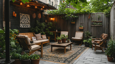 This inviting outdoor patio showcases eco-friendly furniture made from recycled materials, enhanced by solar-powered lights. Potted herbs and plants create a serene atmosphere for relaxation.の素材