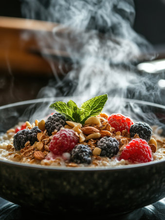 A close-up view highlights a steaming bowl of oatmeal adorned with vibrant fresh berries and crunchy nuts. This nutritious dish is perfect for a wholesome breakfast any time of day.の素材