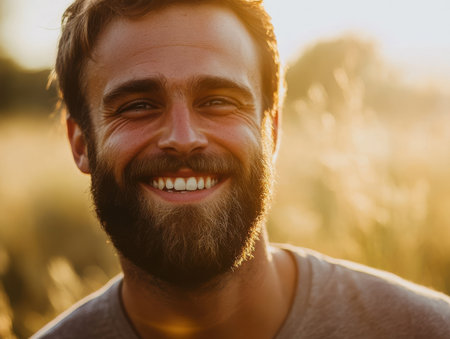 A bearded man smiles joyfully, illuminated by soft golden light during the late afternoon. The background features a serene outdoor landscape with hints of greenery, enhancing the warm atmosphere.の素材