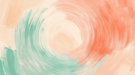 Mint and peach circular brushstrokes are arranged symmetrically around a soft center, forming a minimalist design. This artwork exudes calmness and balance, ideal for contemporary spaces.の素材