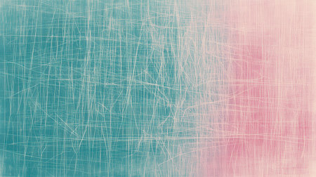 Delicate pencil strokes form a soft gradient of muted teal and pink, creating an elegant atmosphere that evokes calmness and tranquility. The thin intersecting lines add depth and interest.の素材
