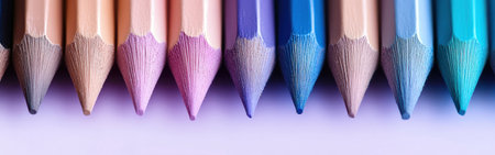 Pencil strokes in soft lavender and blue shades blend seamlessly, showing a minimalist design. The arrangement embodies a modern aesthetic, enhancing creative spaces.の素材