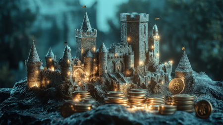 Depiction of a fortress representing stable investment strategies surrounded by coins and glowing financial tools. The scene highlights strength and wealth in a captivating setting.の素材