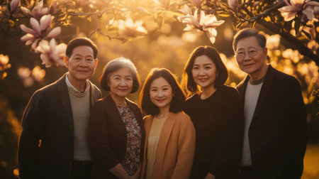 A multigenerational family stands together near a blooming magnolia tree, enjoying the warm light of spring. They share smiles and moments of connection while surrounded by vibrant flowers.の素材