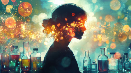 A chemist stands illuminated amidst glowing vials filled with vibrant liquids, their silhouette reflecting the colors of scientific experimentation and innovation.の素材