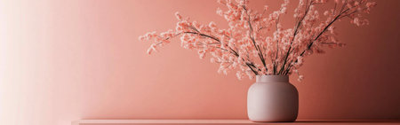 A symmetrical arrangement showcases a simple white vase filled with soft blossoms, set against a muted coral backdrop for a soothing atmosphere. The composition emphasizes tranquility and minimalism.の素材