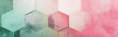 This design features a pattern of delicate hexagons in a soft gradient of pink and green, blending seamlessly into the surrounding space. Its minimalist style evokes tranquility and sophistication.の素材
