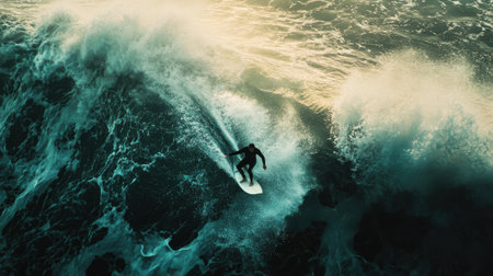 A skilled surfer navigates a massive wave, sending ocean spray flying as the sun sets in the background, creating a dramatic and vibrant atmosphere.の素材