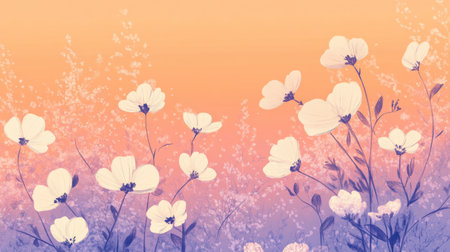 Doodles of delicate white flowers thrive against a warm sunset gradient, transitioning from orange to soft purple hues. This artwork evokes a feeling of tranquility and romance.の素材