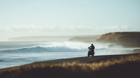 A motorcycle navigates a scenic coastal highway, with powerful waves crashing against the rocks below. The setting sun casts a soft glow on the horizon, creating a tranquil atmosphere.の素材