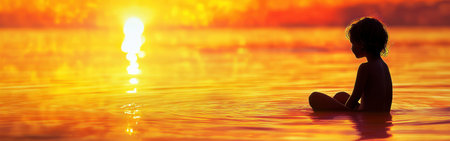 A child sits quietly at the water's edge, surrounded by the warm glow of a setting sun reflecting on the surface, embodying peace and wonder in the moment.の素材