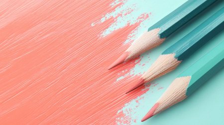 Three colored pencils lay on a surface of gradient coral and teal. The delicate strokes blend seamlessly, evoking tranquility and balance in an artistic arrangement.の素材