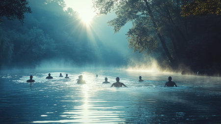 Swimmers train in a serene lake illuminated by soft morning light, with reflections on the water creating a calm atmosphere. The vibrant natural setting enhances the experience.の素材