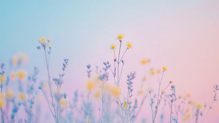 Soft dots of pale yellow and periwinkle dance against a gradient of sky blue to pastel pink, creating a peaceful ambiance in a floral landscape during twilight.の素材
