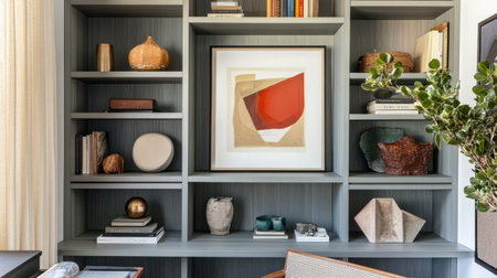 Open shelving enhances the study room, displaying books, framed art, and unique decorative items. The space offers an inviting and organized atmosphere for studying or reading.の素材
