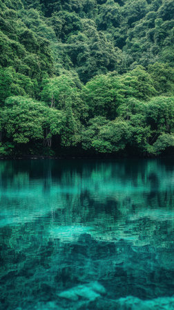 Morning light gently illuminates a breathtaking forest, revealing its vibrant greenery reflected in the crystal-clear turquoise water below.の素材