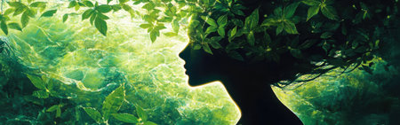 A woman emanates a serene glow as her silhouette blends with lush green leaves and gentle river streams, creating a tranquil connection to nature during daylight.の素材
