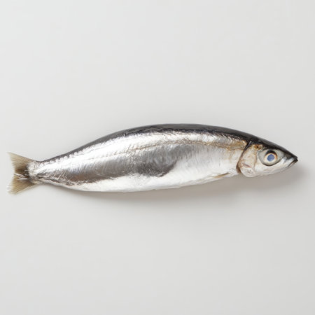 A shiny silvery anchovy fillet rests flat on a clean white surface, highlighting its delicate texture and vibrant appearance. Ideal for culinary presentations or gourmet dishes.の素材