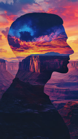 A man's silhouette glows brightly against a backdrop of canyons and sunsets, symbolizing harmony with nature. The vibrant colors create a stunning connection between human and environment.の素材