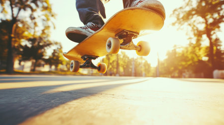 A skateboarder captures attention while performing a kickflip on a sunny urban street. The vibrant sunlight enhances the dynamic movement, highlighting the excitement of street skating.の素材