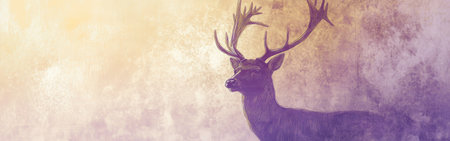 A minimalist silhouette of a deer is depicted with delicate pencil strokes featuring gradient shades of lavender and gold, arranged asymmetrically to create a harmonious visual.の素材