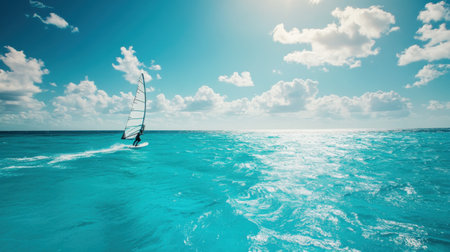 A windsurfer skillfully catches the air while gliding across vibrant turquoise waters. The bright sky is filled with fluffy clouds, creating an exhilarating atmosphere for this water sport.の素材