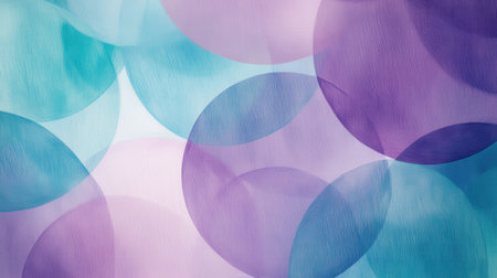 Abstract design showcases overlapping circles in pastel lavender and teal, featuring soft pencil strokes and a calming visual effect. The blurred edges enhance the dreamy quality of the composition.の素材